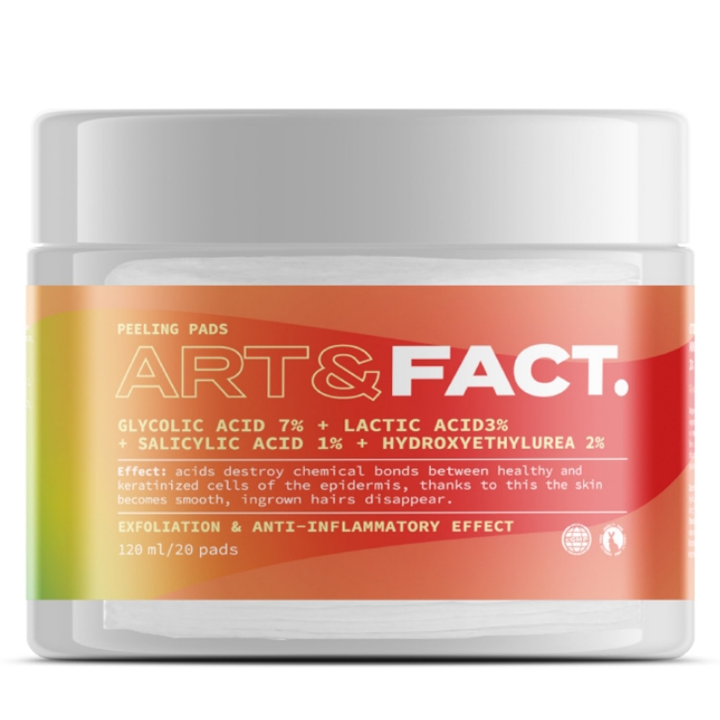 Art&Fact Отшелушивающие пэды с гликолевой кислотой 7%, молочной кислотой 3%, салициловой кислотой 1% и мочевиной 2% от вросших волос, 20 шт (Art&Fact, Отшелушивание), Отшелушивание
Art&Fact Отшелушивающие пэды с гликолевой кислотой 7%, молочной кислотой 3%, салициловой кислотой 1% и мочевиной 2% от вросших волос, 20 шт (Art&Fact, Отшелушивание), Отшелушивание