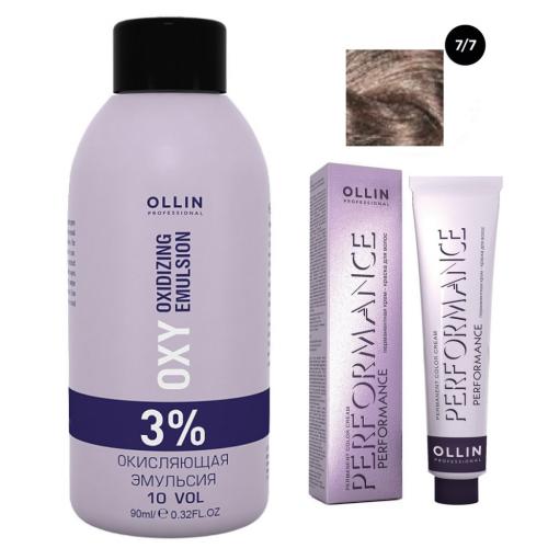 Оллин Набор &quot;Перманентная крем-краска для волос Ollin Performance оттенок 7/7 русый коричневый 60 мл + Окисляющая эмульсия Oxy 3% 90 мл&quot; (Ollin Professional, Окрашивание волос, Ollin Performance)