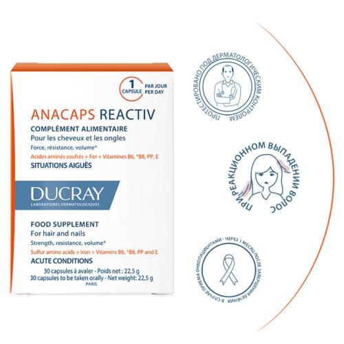 Дюкрэ Биологически активная добавка к пище для волос и кожи головы Reactiv, 30 капсул (Ducray, Anacaps), фото-6