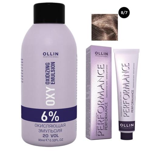 Оллин Набор &quot;Перманентная крем-краска для волос Ollin Performance оттенок 8/7 светло-русый коричневый 60 мл + Окисляющая эмульсия Oxy 6% 90 мл&quot; (Ollin Professional, Окрашивание волос, Ollin Performance)