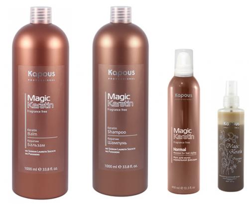 Капус Профессионал Набор для волос с кератином (шампунь 1000 мл + бальзам 1000 мл + мусс для укладки 400 мл + cыворотка 200 мл) (Kapous Professional, Fragrance free, Magic Keratin)