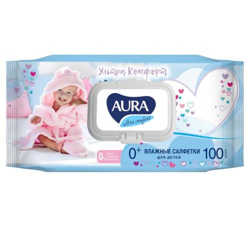 Аура Влажные салфетки для детей Ultra Comfort с экстрактом алоэ и витамином Е 0+, 100 шт (Aura, Гигиена)