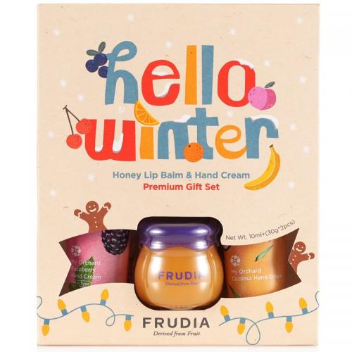 Фрудиа Подарочный набор Hello Winter: бальзам для губ, 10 г + кремы для рук с малиной и кокосом, 2 х 30 г (Frudia, Уход за руками)
