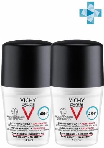 Виши Комплект Минеральный дезодорант против белых и желтых пятен 48 часов свежести, 2х50 мл (Vichy, Vichy Homme)