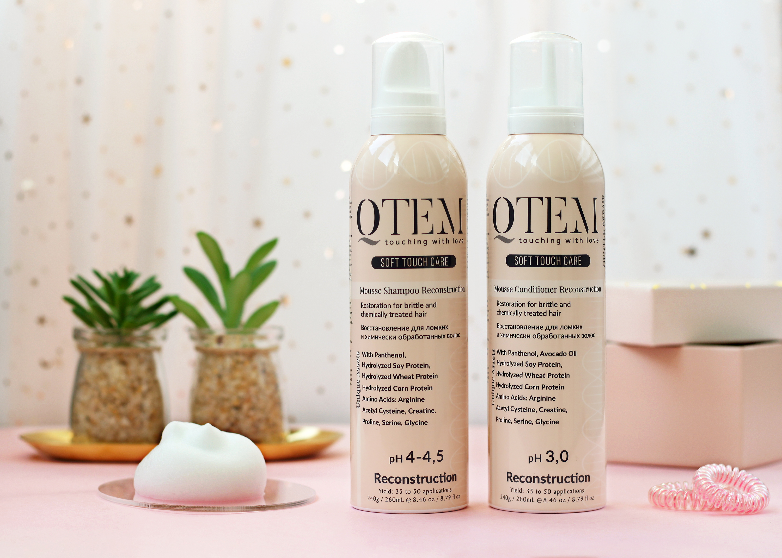 Шампунь и кондиционер в формате муссов Qtem Soft Touch Care для восстановления волос