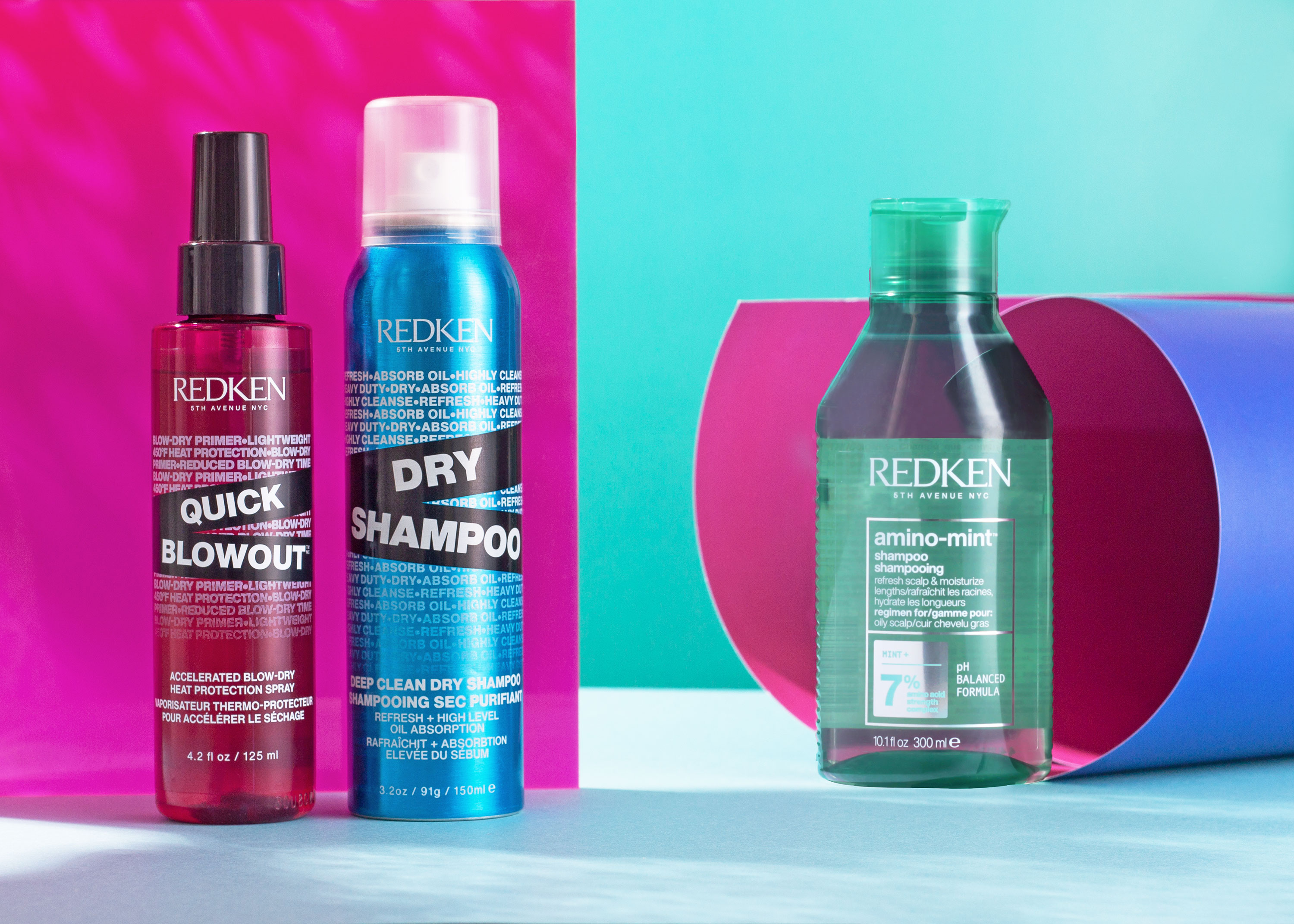 Redken: шампунь Amino-Mint, сухой шампунь Deep Clean, термозащитный спрей Quick Blowout