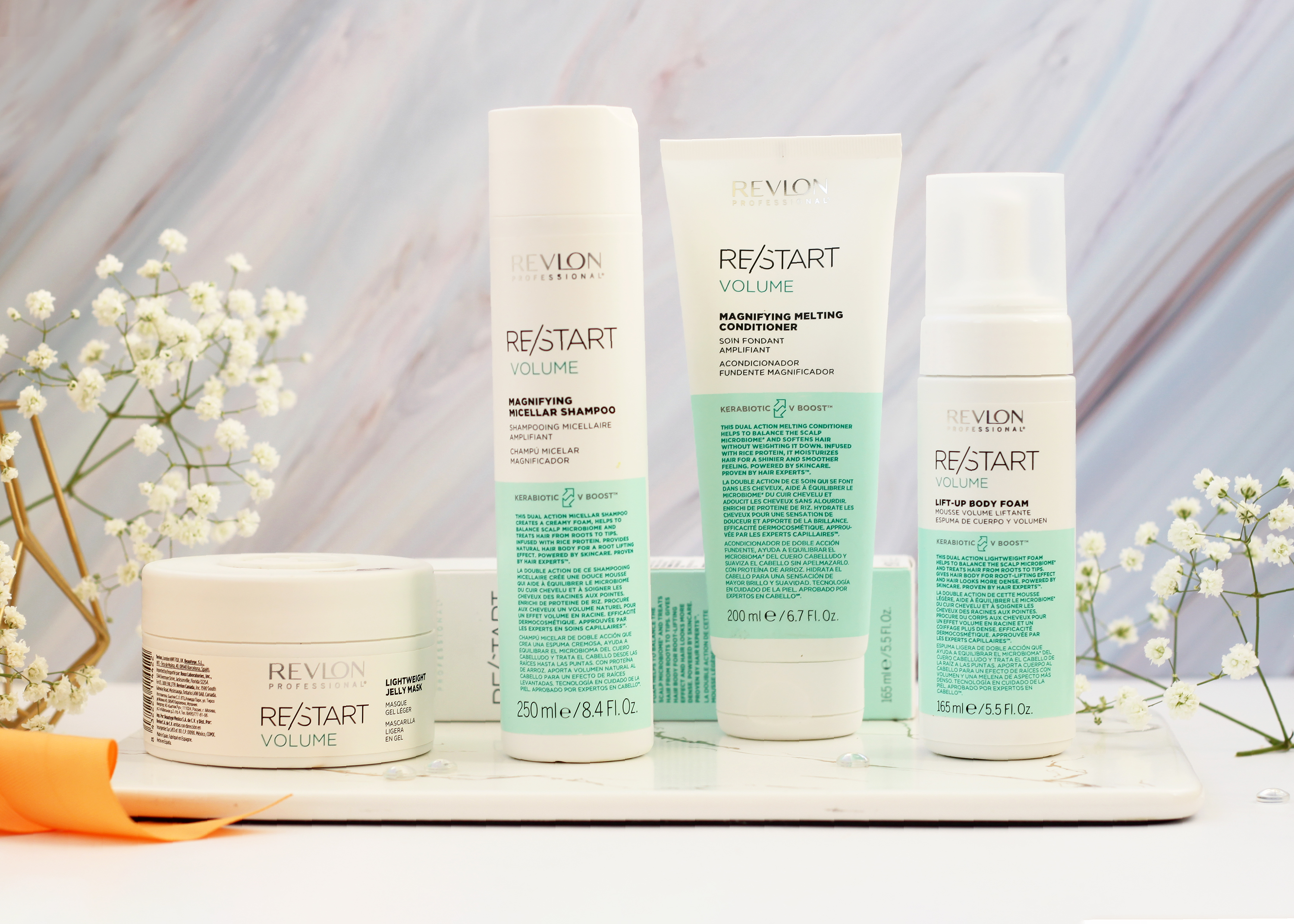 Четыре средства RE/START Volume для объема тонких волос от Revlon Professional