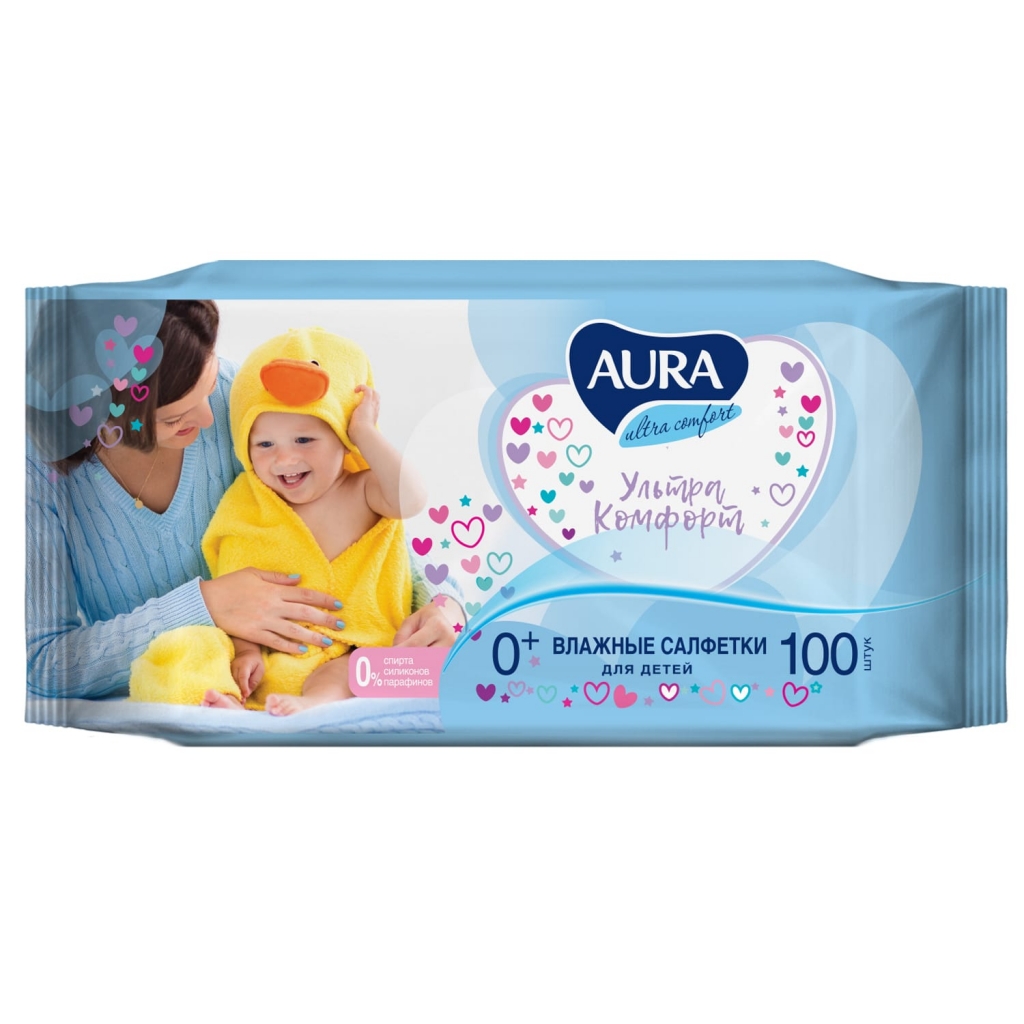 

Aura Влажные салфетки для детей Ultra Comfort 0+, 100 шт (Aura, Гигиена)