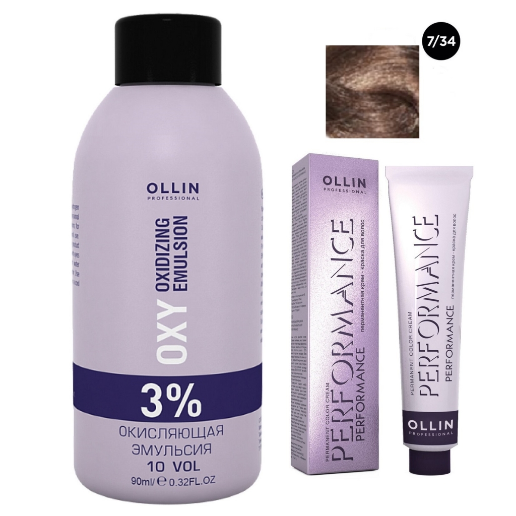 Купить Ollin Professional Набор Перманентная крем-краска для волос Ollin Performance оттенок 7/34 русый золотисто-медный 60 мл + Окисляющая эмульсия Oxy 3% 90 мл (Ollin Professional, Окрашивание волос)