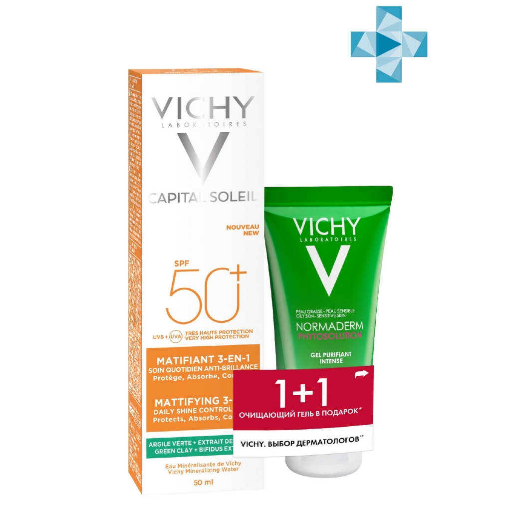 Vichy Набор (солнцезащитный матирующий уход для проблемной кожи 3 в 1 SPF 50+, 50 мл + гель для умывания Phytosolution, 50 мл) (Vichy, Capital Ideal Soleil)
