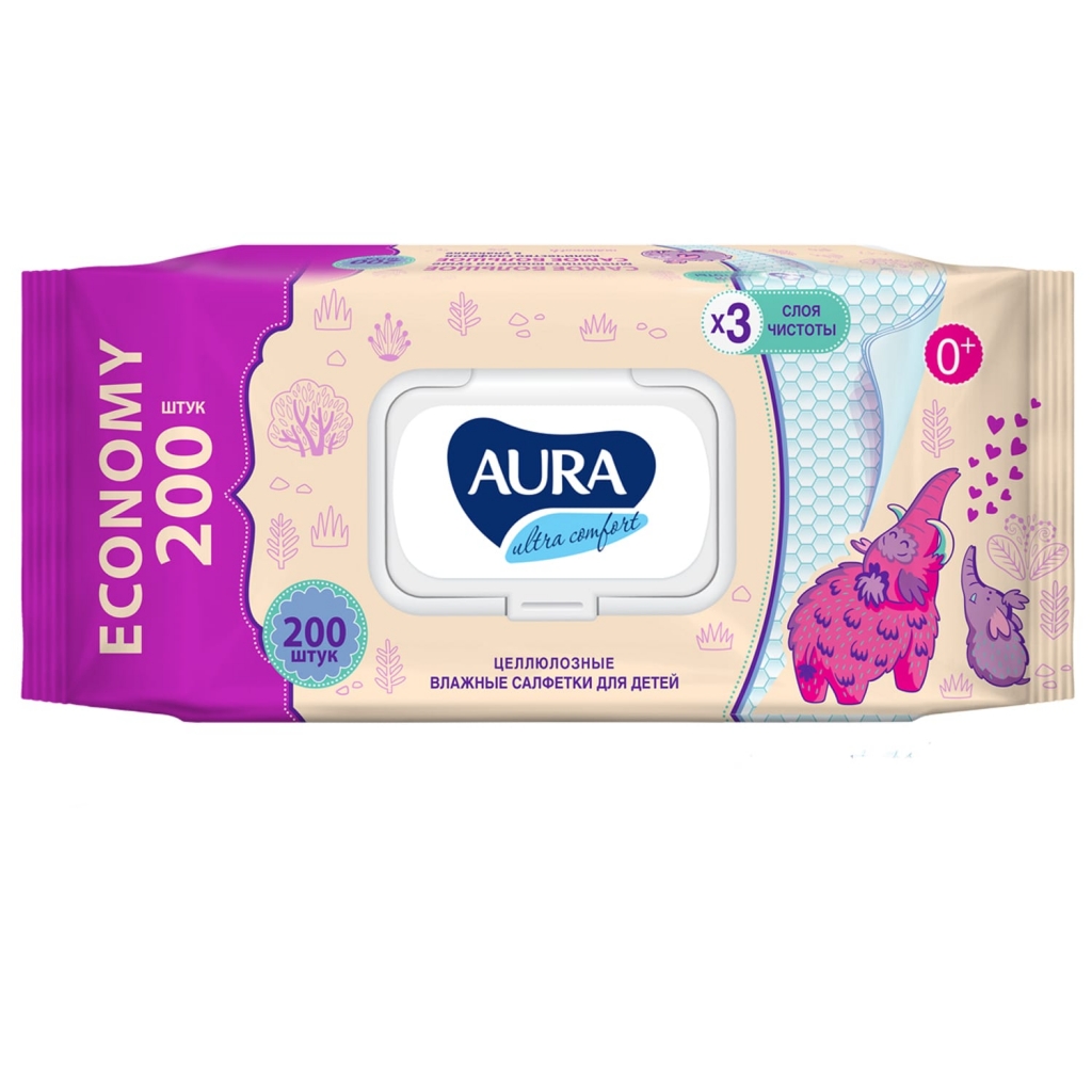 Aura Влажные целлюлозные салфетки для детей Ultra Comfort в упаковке с крышкой 0+, 200 шт (Aura, Гигиена)