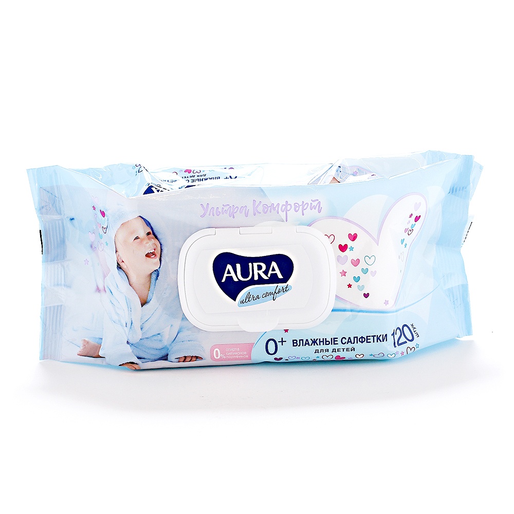 Aura Влажные салфетки для детей Ultra Comfort с экстрактом алоэ и витамином Е, 120 шт. (Aura, Влажные салфетки)