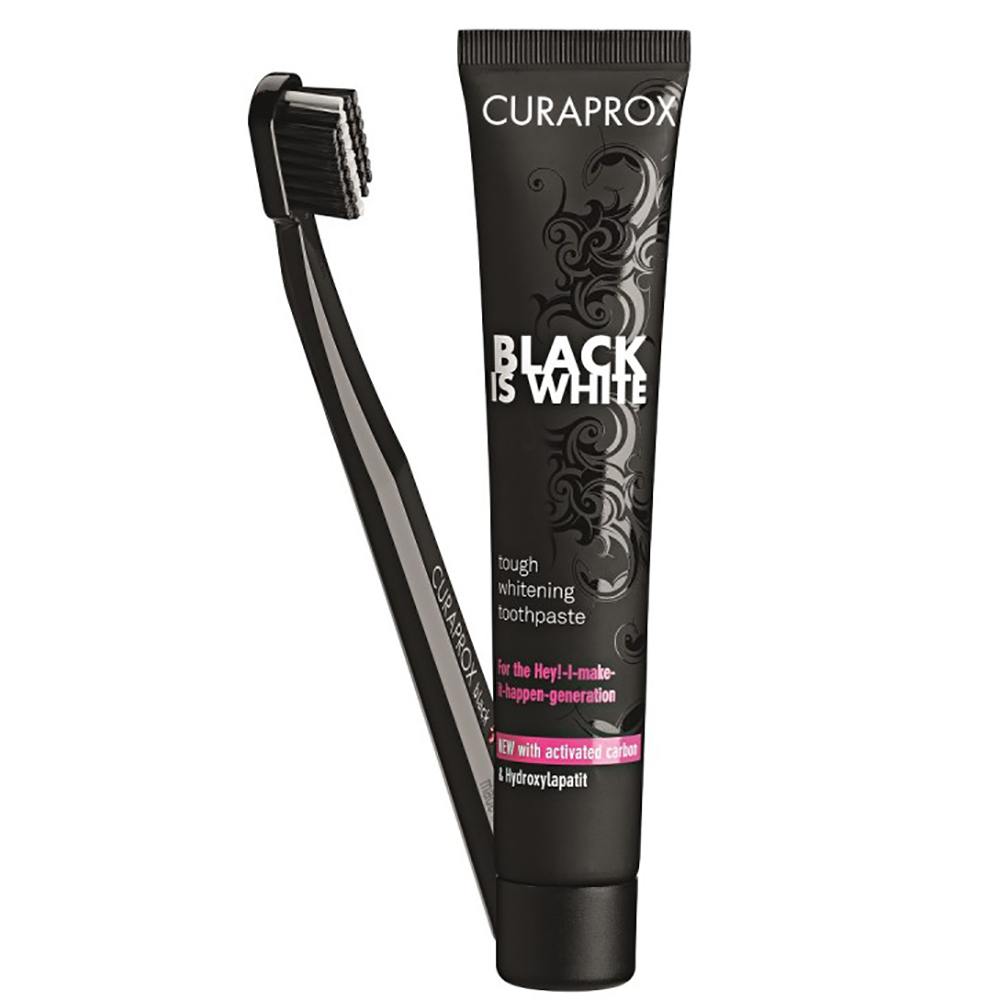 Curaprox Набор Отбеливающая зубная паста Black Is White со вкусом лайма, 90 мл + Зубная щетка Ultra Soft 5460 черная (Curaprox, Black Is White)