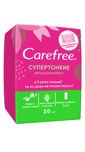 Carefree Ежедневные супертонкие прокладки в индивидуальной упаковке, с экстрактом алоэ, 20 шт (Carefree, Ежедневные) от Socolor