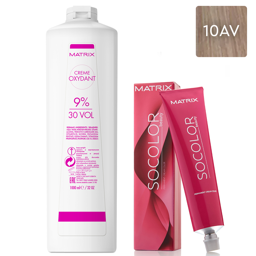 

Matrix Набор Перманентный краситель Socolor beauty 10AV, 90 мл + Крем-оксидант 9% (30 Vol.), 1000 мл (Matrix, Окрашивание)