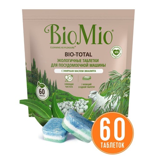 BioMio Экологичные таблетки Bio-Total 7-в-1 с эфирным маслом эвкалипта для посудомоечной машины, 60 шт (BioMio, Стирка)