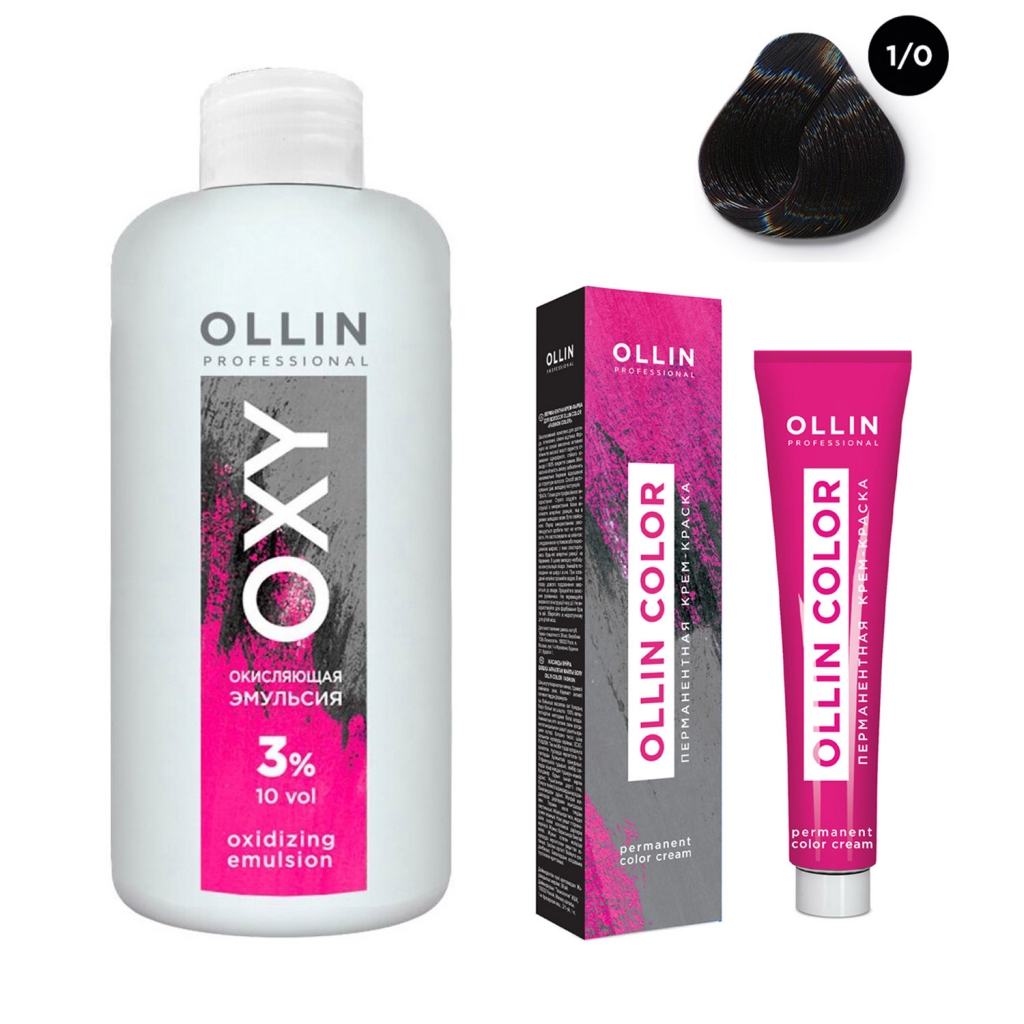 Купить Ollin Professional Набор Перманентная крем-краска для волос Ollin Color оттенок 1/0 иссиня-черный 100 мл + Окисляющая эмульсия Oxy 3% 150 мл (Ollin Professional, Окрашивание)