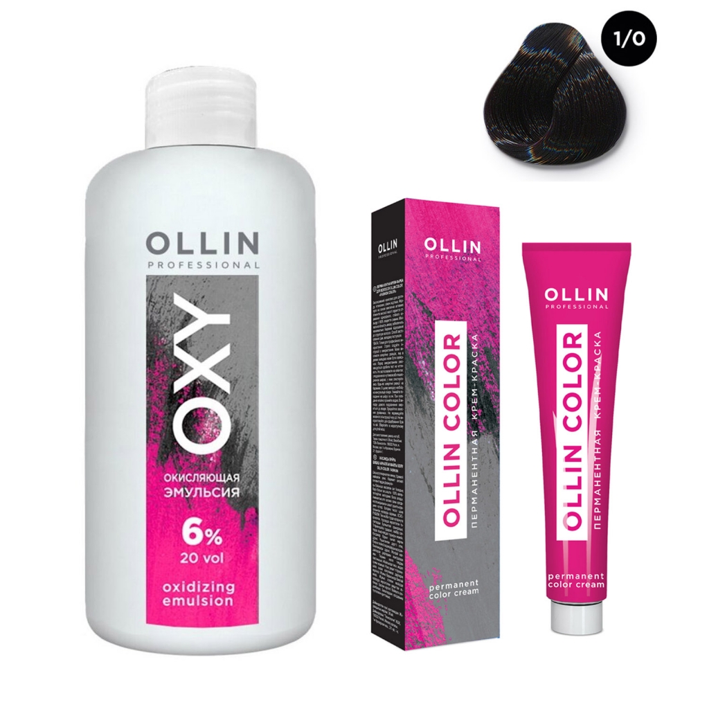 Купить Ollin Professional Набор Перманентная крем-краска для волос Ollin Color оттенок 1/0 иссиня-черный 100 мл + Окисляющая эмульсия Oxy 6% 150 мл (Ollin Professional, Окрашивание)