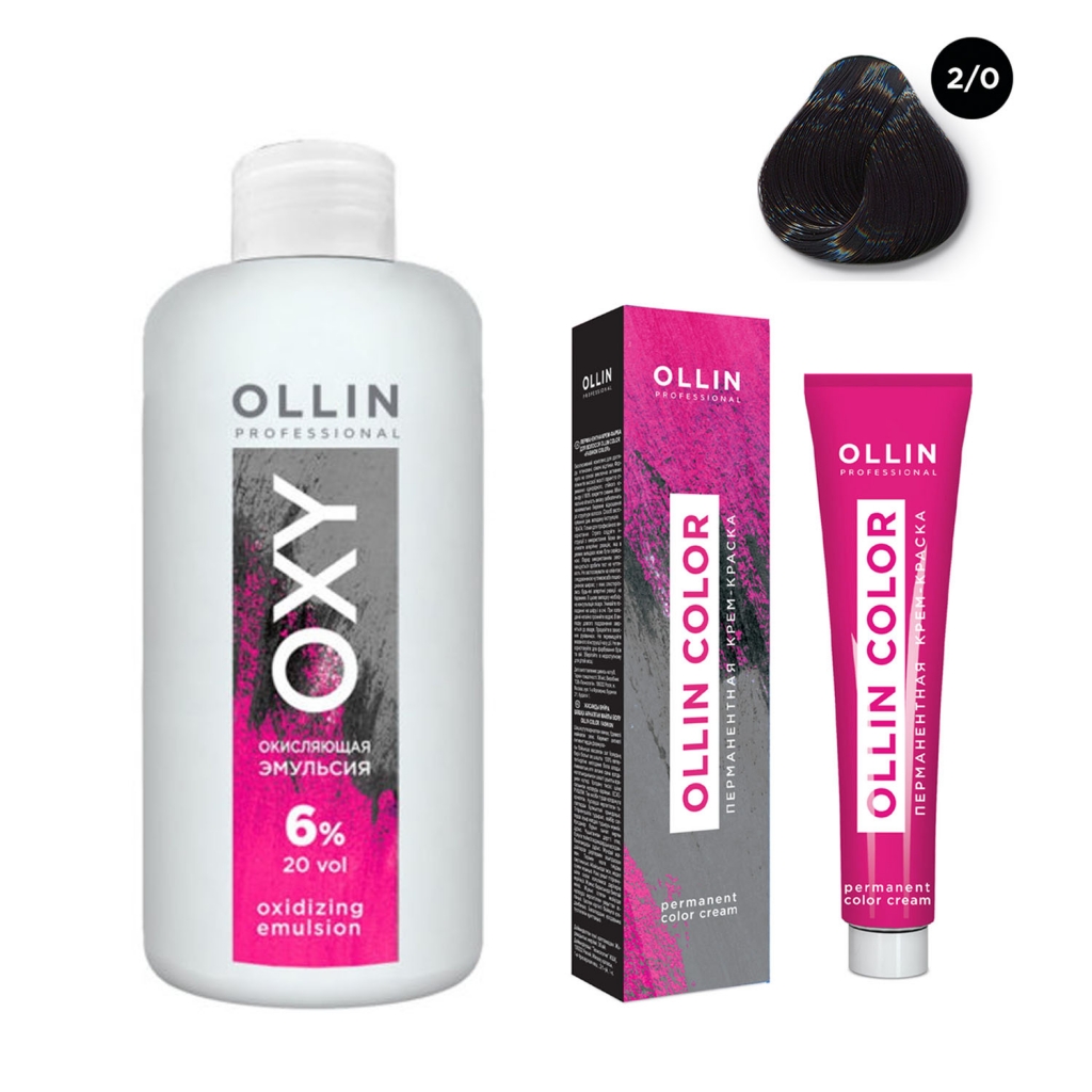 Купить Ollin Professional Набор Перманентная крем-краска для волос Ollin Color оттенок 2/0 черный 100 мл + Окисляющая эмульсия Oxy 6% 150 мл (Ollin Professional, Окрашивание)