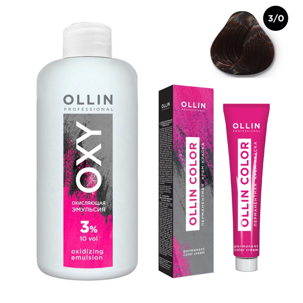 Купить Ollin Professional Набор Перманентная крем-краска для волос Ollin Color оттенок 3/0 темный шатен 100 мл + Окисляющая эмульсия Oxy 3% 150 мл (Ollin Professional, Окрашивание)