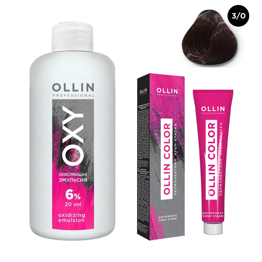 Купить Ollin Professional Набор Перманентная крем-краска для волос Ollin Color оттенок 3/0 темный шатен 100 мл + Окисляющая эмульсия Oxy 6% 150 мл (Ollin Professional, Окрашивание)