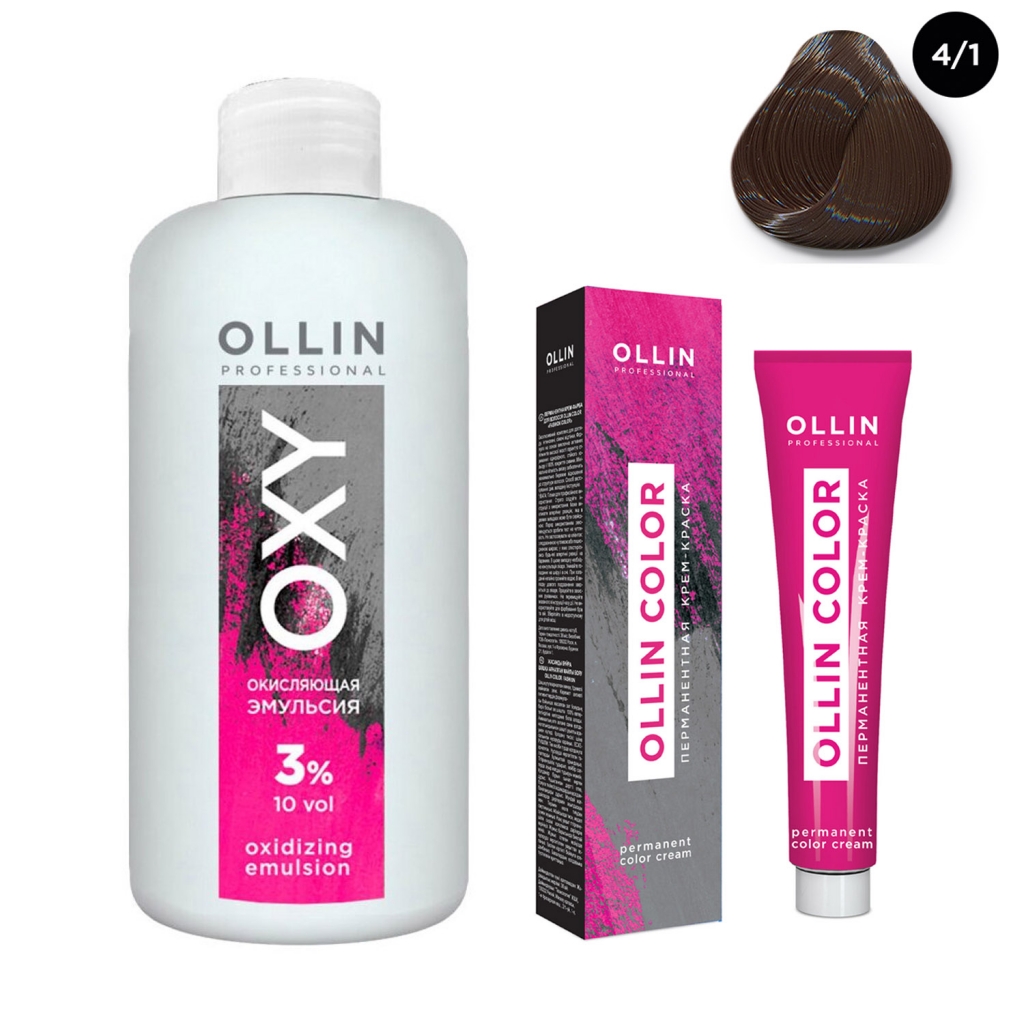 Купить Ollin Professional Набор Перманентная крем-краска для волос Ollin Color оттенок 4/1 шатен пепельный 100 мл + Окисляющая эмульсия Oxy 3% 150 мл (Ollin Professional, Окрашивание волос)