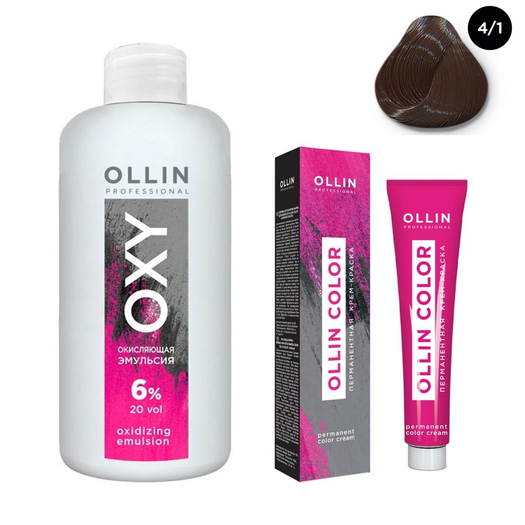 Купить Ollin Professional Набор Перманентная крем-краска для волос Ollin Color оттенок 4/1 шатен пепельный 100 мл + Окисляющая эмульсия Oxy 6% 150 мл (Ollin Professional, Окрашивание волос)