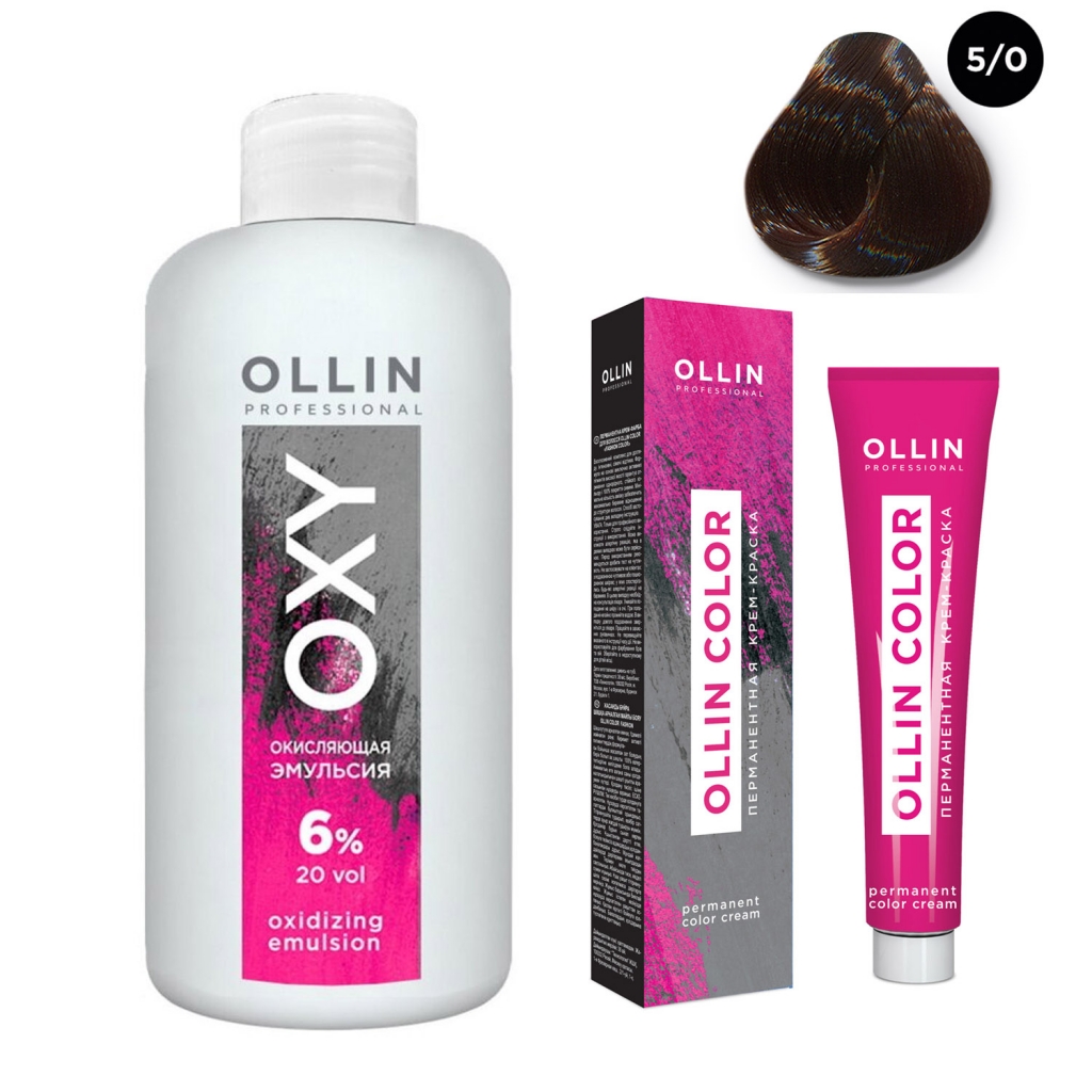 Ollin Professional Набор "Перманентная крем-краска для волос Ollin Color оттенок 5/0 светлый шатен 100 мл + Окисляющая эмульсия Oxy 6% 150 мл" (Ollin Professional, Окрашивание)