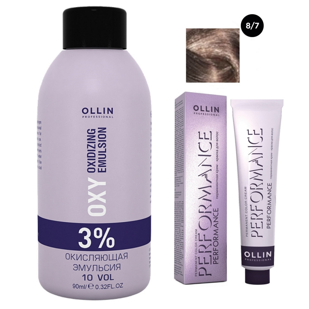

Ollin Professional Набор "Перманентная крем-краска для волос Ollin Performance оттенок 8/7 светло-русый коричневый 60 мл + Окисляющая эмульсия Oxy 3% 90 мл" (Ollin Professional, Окрашивание волос)