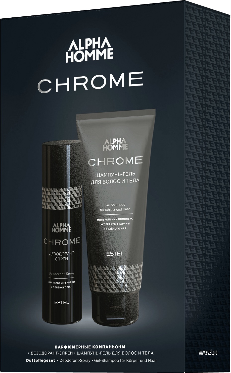 

Estel Professional Набор парфюмерные компаньоны Estel Alpha Homme Chrome (Шампунь-гель 200 мл + дезодорант-спрей 100 мл) (Estel Professional, Alpha homme)