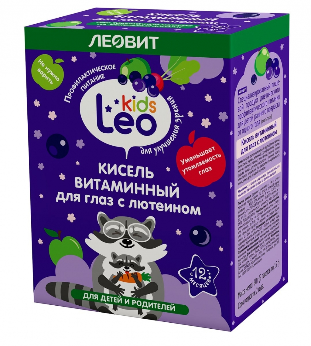 Купить Леовит Кисель витаминный для глаз с лютеином для детей, 5 пакетов х 12 г (Леовит, Leo Kids)