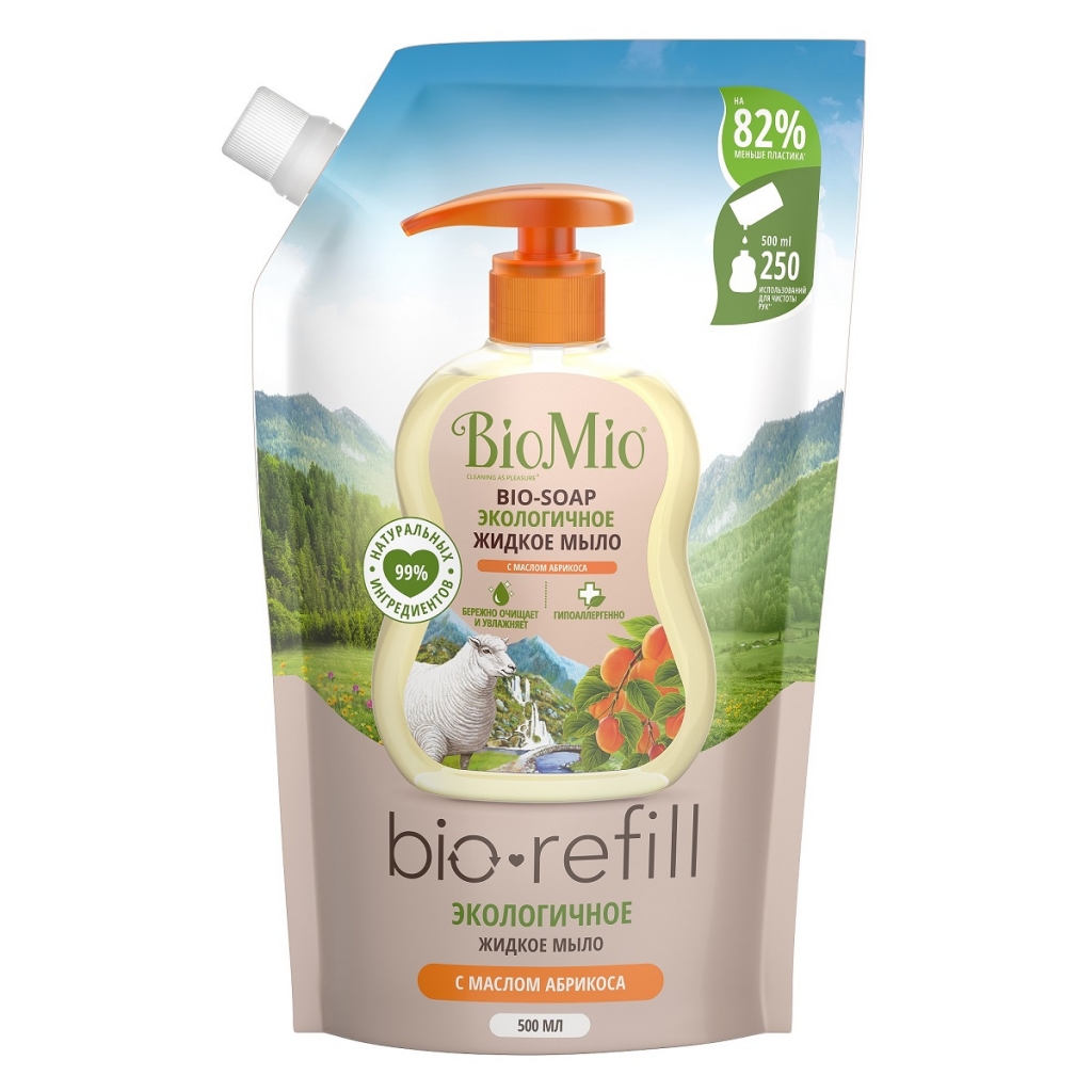 BioMio Экологичное жидкое мыло с маслом абрикоса (сменный блок), 500 мл Refill (BioMio, Мыло)