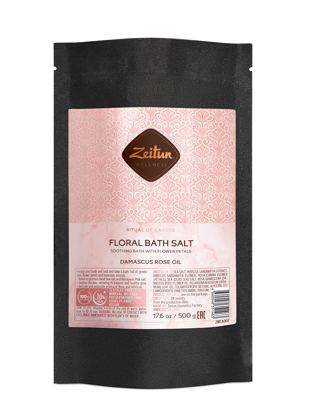 Zeitun Цветочная соль для ванн "Ритуал нежности" с лепестками дамасской розы и гибискусом, 500 г (Zeitun, Wellness)