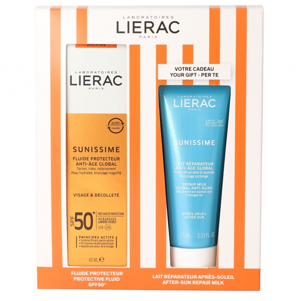 Lierac Набор: солнцезащитный флюид анти-аж глобаль spf 50, 40 мл + восстанавливающее молочко анти-аж глобаль 75 мл (Lierac, Sunissime)