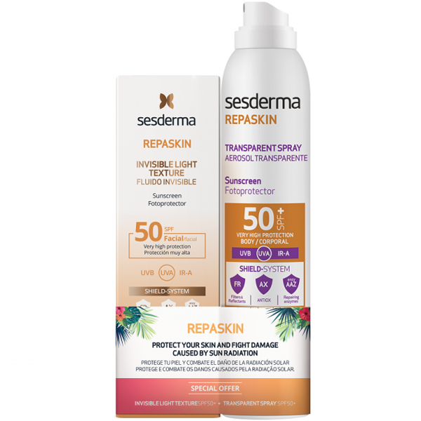 

Sesderma Набор: сверхлегкое солнцезащитное средство SPF 50, 50 мл + солнцезащитный прозрачный спрей для тела SPF 50, 200 мл (Sesderma, Repaskin)