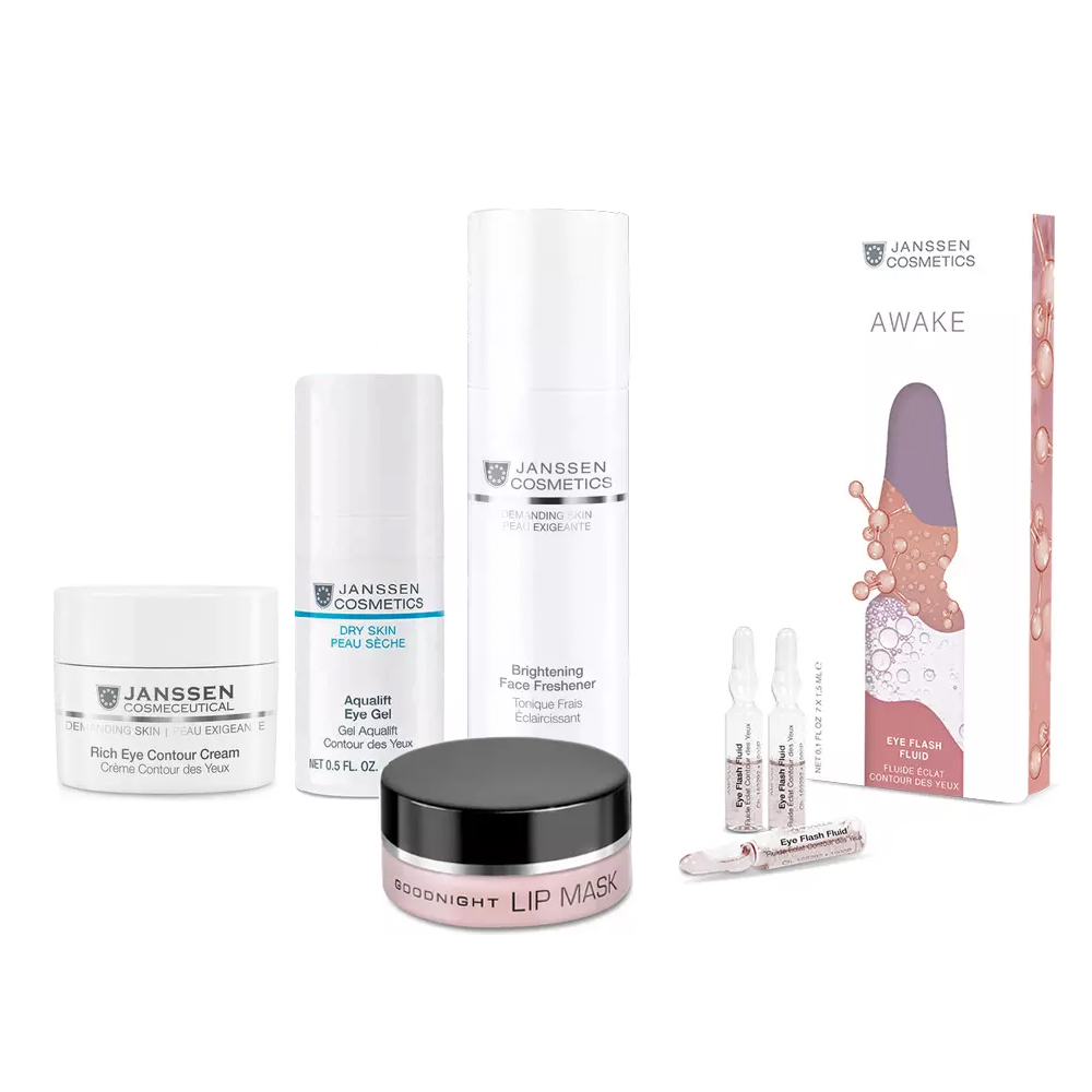 

Janssen Cosmetics Anti-Age набор "Укрепление и питание" (крем для век 15 мл + гель для век + тоник 200 мл + маска для губ 15 мл + сыворотка для век 1,5 мл х 7 шт) (Janssen Cosmetics, Demanding skin), Demanding skin