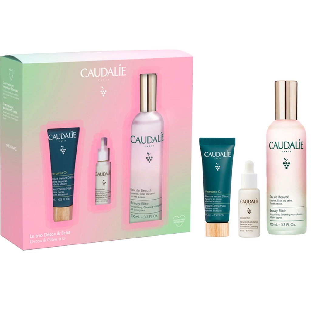 

Caudalie Набор с Водой для красоты лица (вода для красоты лица 100 мл + сыворотка-сияние против пигментных пятен 10 мл + детокс-маска 15 мл) (Caudalie, Demaquillante)
