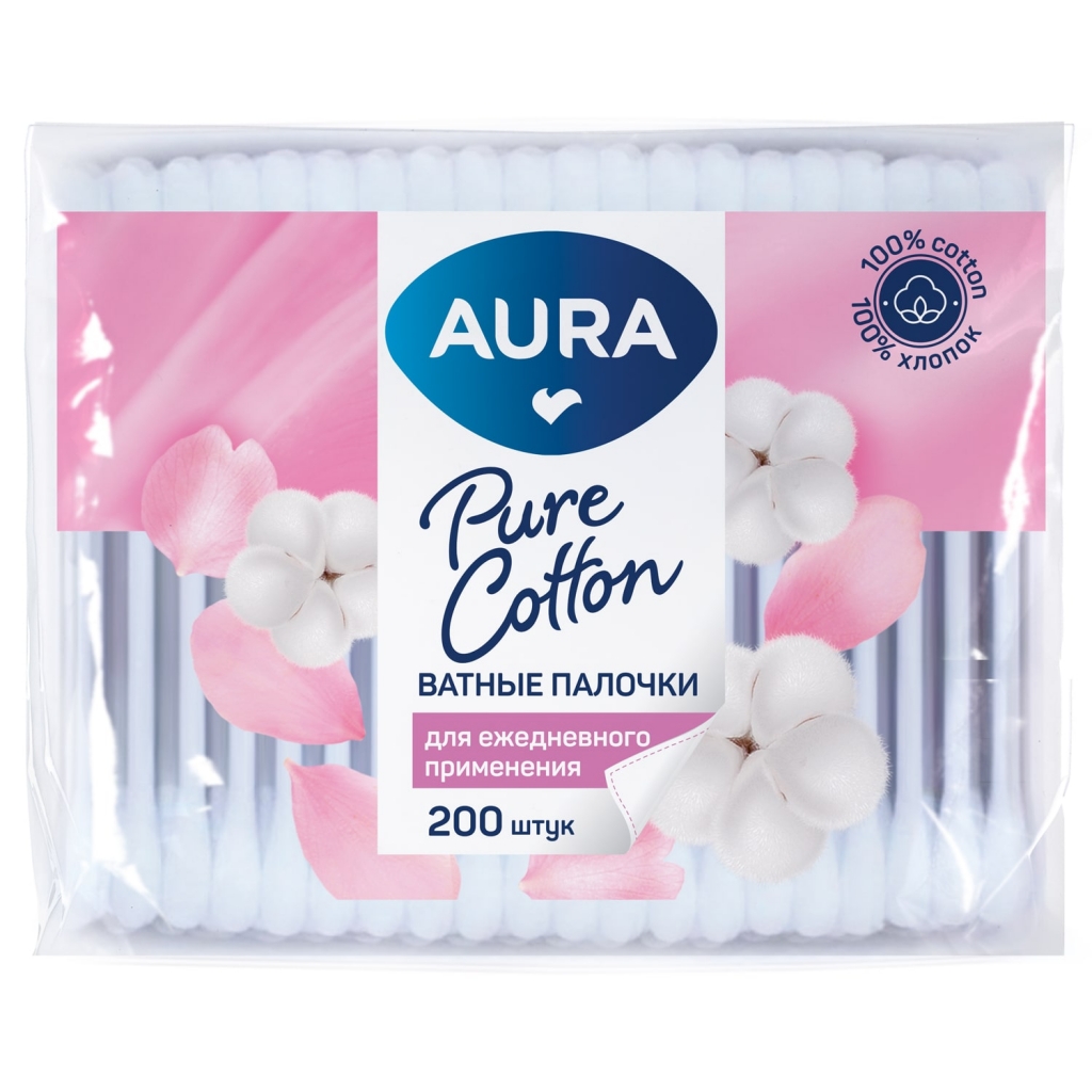 Aura Ватные палочки для ежедневного применения Pure Cotton в полиэтилене с автозапайкой, 200 шт (Aura, Гигиена)