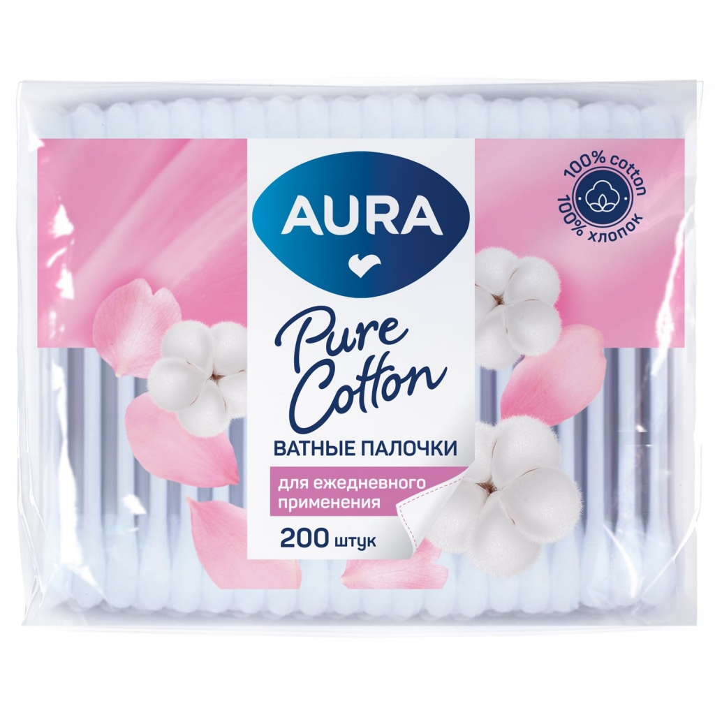 

Aura Ватные палочки для ежедневного применения Pure Cotton в полиэтилене с автозапайкой, 200 шт (Aura, Гигиена), Гигиена