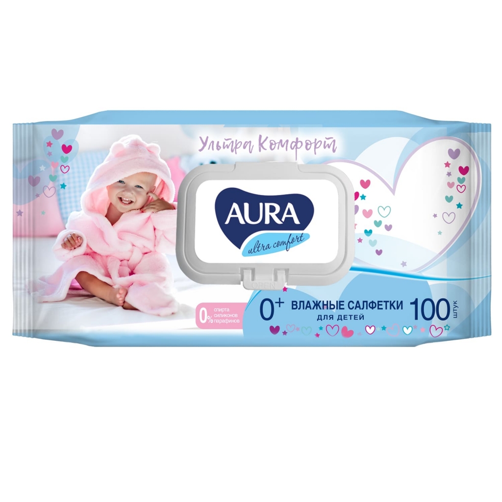 

Aura Влажные салфетки для детей Ultra Comfort с экстрактом алоэ и витамином Е 0+, 100 шт (Aura, Гигиена)