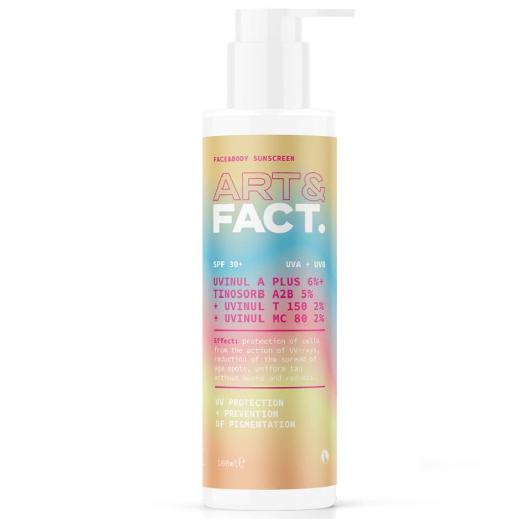 

Art&Fact Солнцезащитное молочко SPF 30+ с химическими фильтрами Uvinul A Plus 6% + Tinosorb A2B 5% + Uvinul T 150 2% + Uvinul MC 80 2% для лица и тела, 100 мл (Art&Fact, Защита от солнца), Защита от солнца
