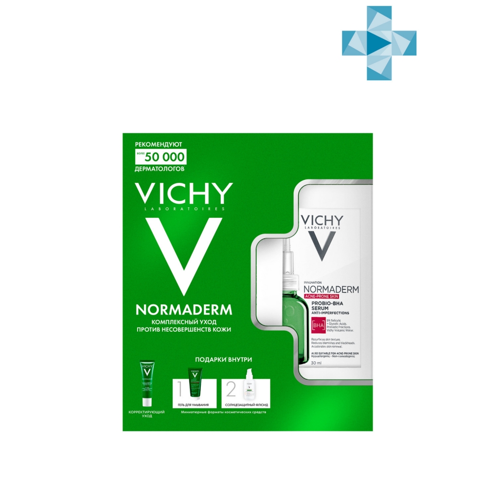 

Vichy Набор для кожи, склонной к несовершенствам (сыворотка 30 мл + уход 30 мл + гель для умывания 50 мл + крем SPF 50+ 3 мл) (Vichy, Normaderm)