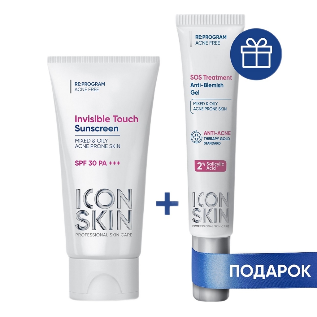 Icon Skin Набор (солнцезащитный крем SPF 30 для проблемной кожи 50 мл + гель SOS против воспалений 20 мл) (Icon Skin, Re:Program)