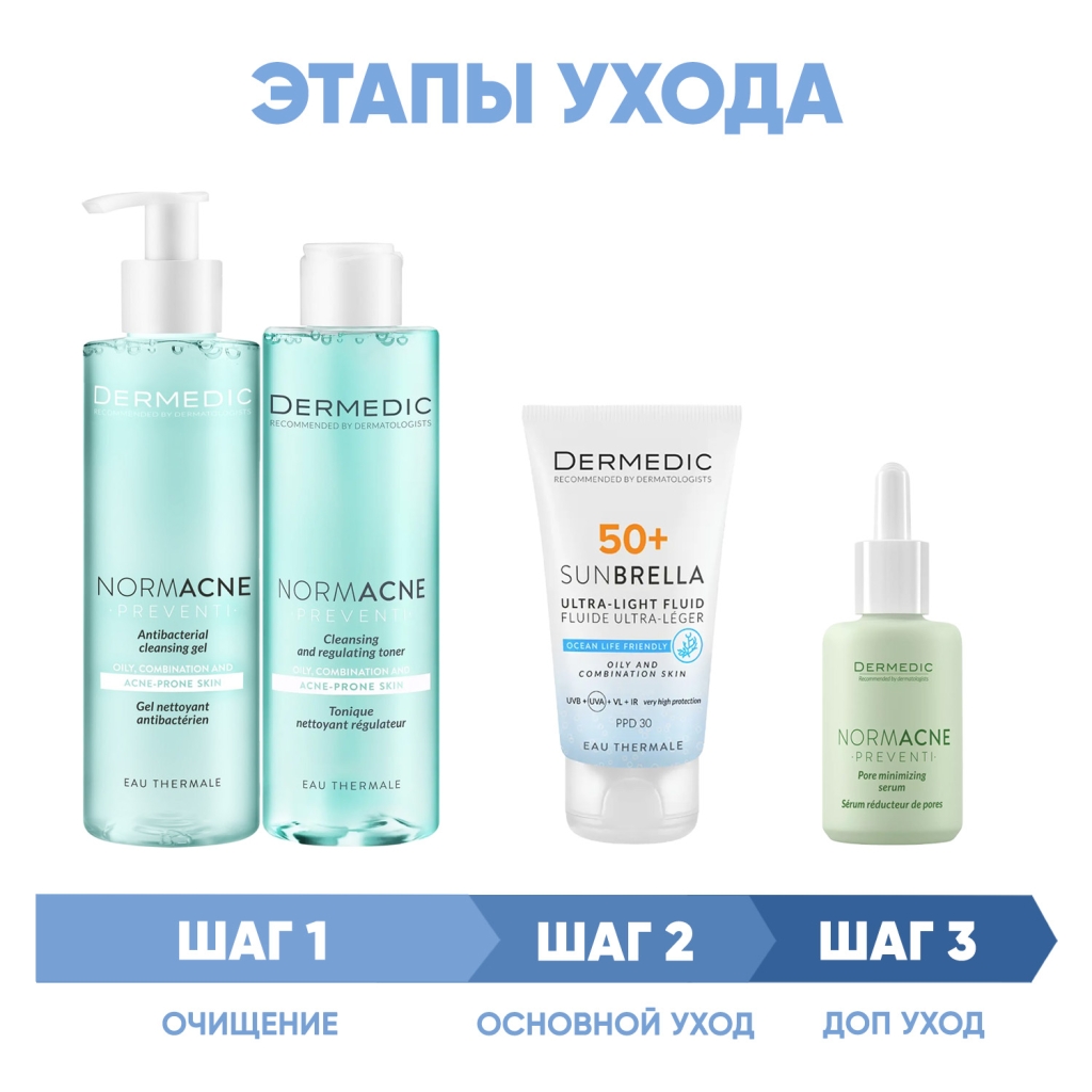 Программа Normacne комплексный уход: гель 200 мл + тоник 200 мл + флюид  SPF50+ 40 мл + сыворотка 30 мл