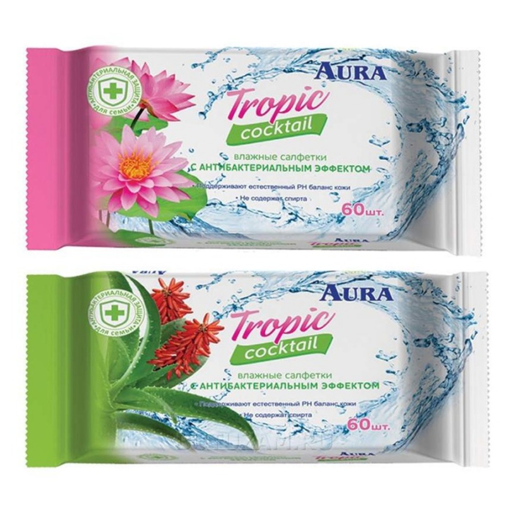 

Aura Влажные салфетки с антибактериальным эффектом Tropic cocktail, 60 шт. (Aura, Влажные салфетки)