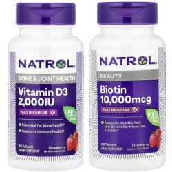 Набор Fast Dissolve со вкусом клубники: витамин D3 2,000 IU 90 таблеток + биотин 60 таблеток х 10000 мкг