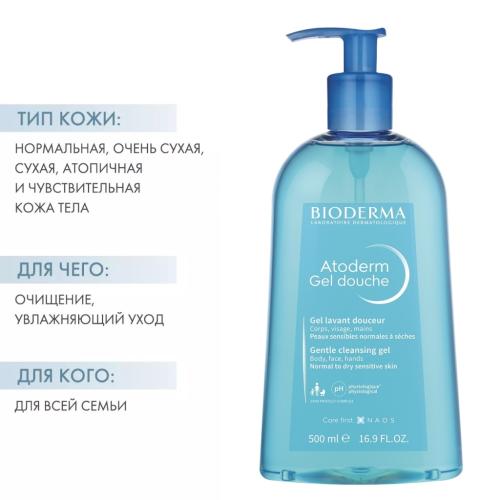 Биодерма Мягкий очищающий гель для душа, 500 мл (Bioderma, Atoderm), фото-2
