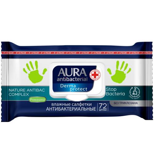 Аура Влажные салфетки антибактериальные Derma Protect Ромашка, 72 шт (Aura, Гигиена)