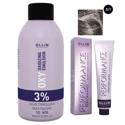 Оллин Набор &quot;Перманентная крем-краска для волос Ollin Performance оттенок 5/1 светлый шатен пепельный 60 мл + Окисляющая эмульсия Oxy 3% 90 мл&quot; (Ollin Professional, Окрашивание волос, Ollin Performance)