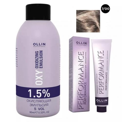 Оллин Набор &quot;Перманентная крем-краска для волос Ollin Performance оттенок 7/00 русый глубокий 60 мл + Окисляющая эмульсия Oxy 1,5% 90 мл&quot; (Ollin Professional, Окрашивание волос, Ollin Performance)